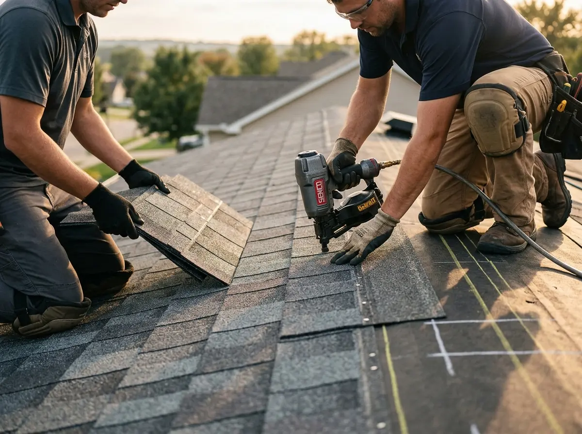 Professional roofer working on a residential roof in Kearney